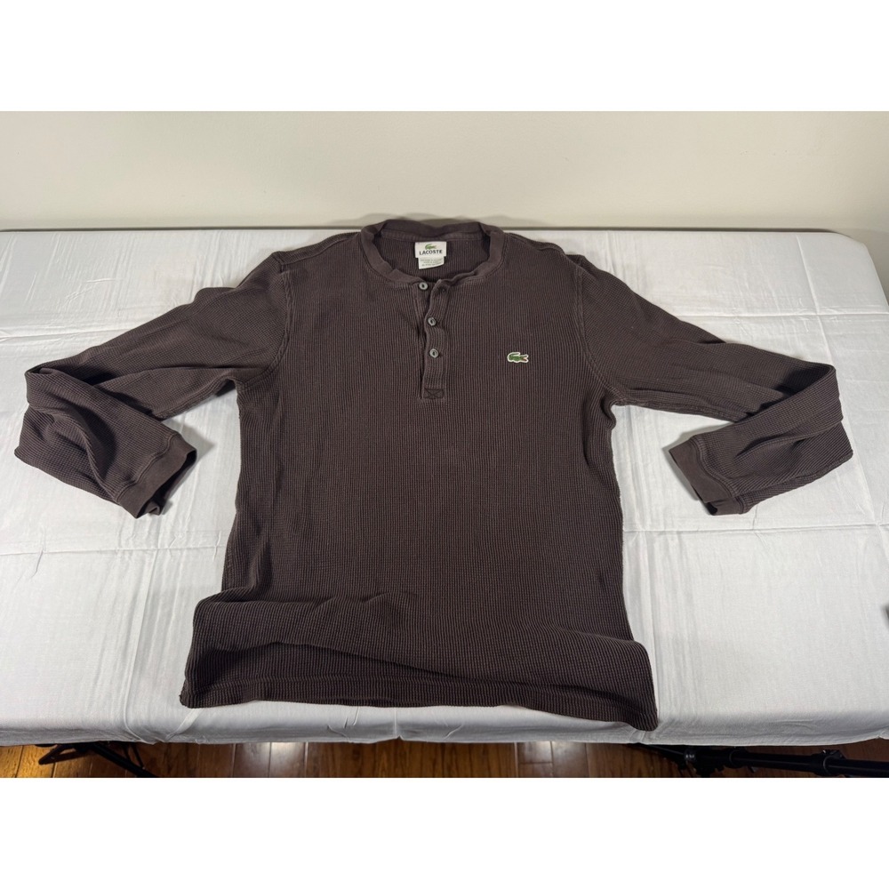 Lacoste Mens Waffle Knit Henley Shirt Brown Long Sleeve Thermal Size 4 M